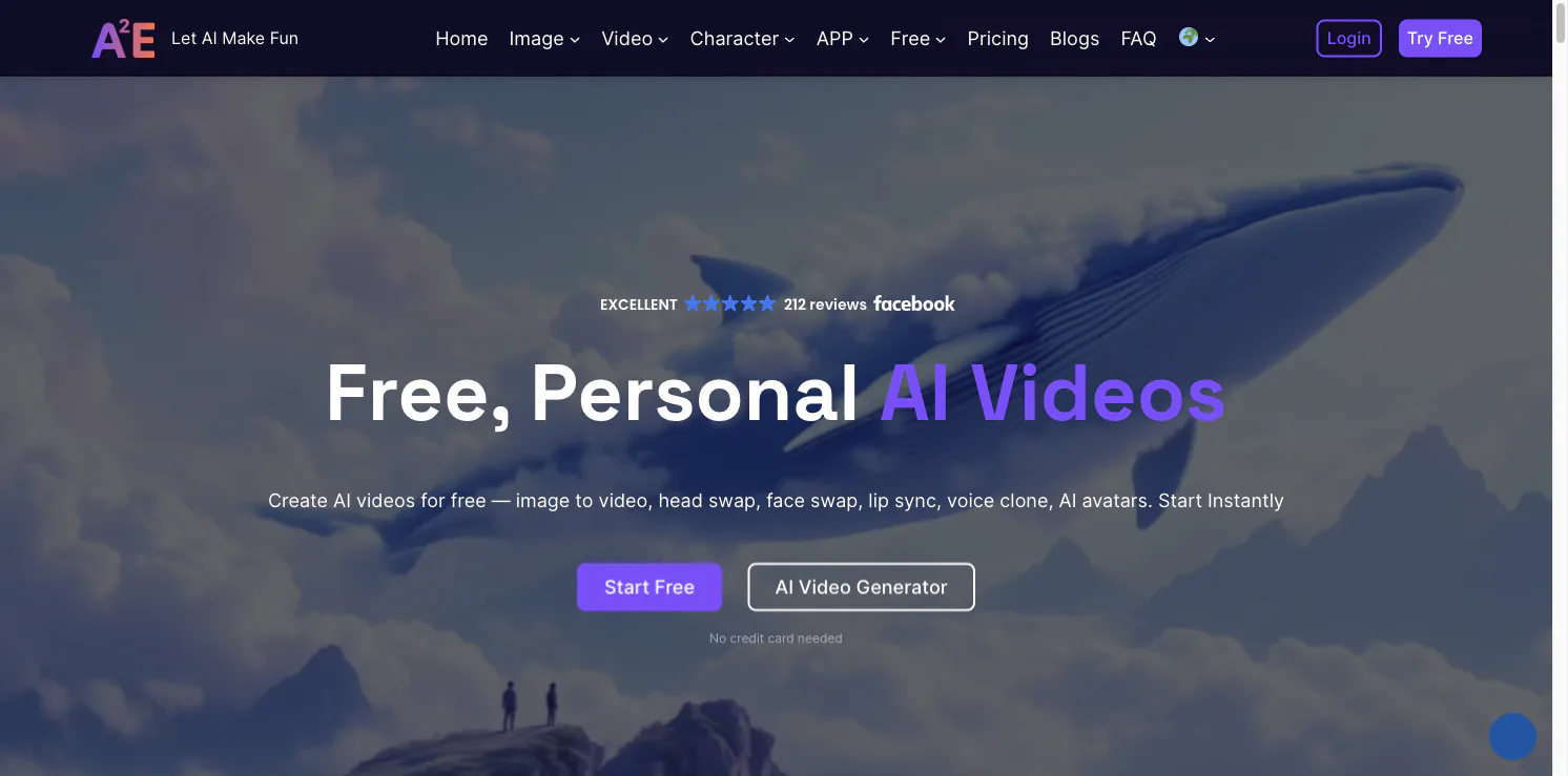 A2E AI homepage showing its AI video tools and creation options