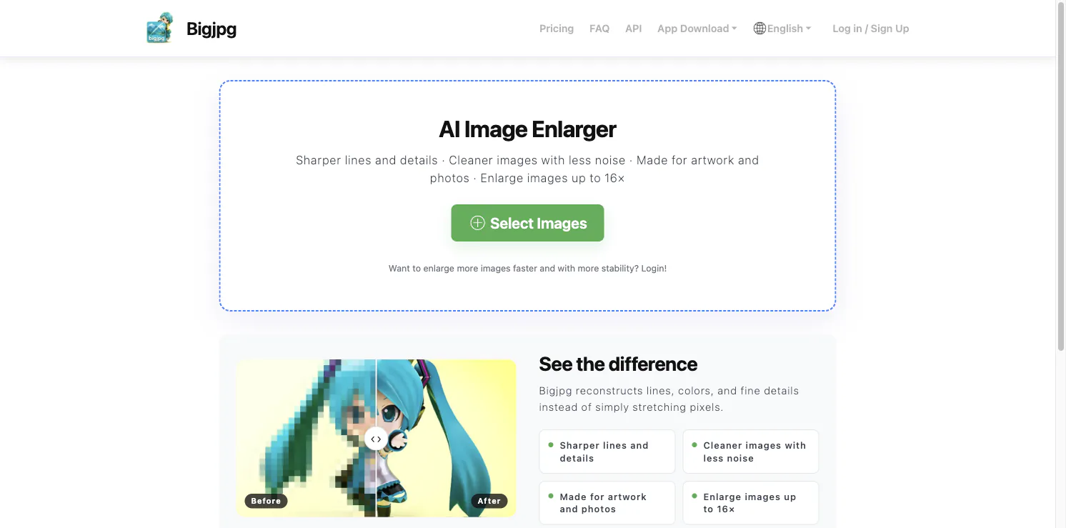 BigJPG AI Image Enlarger homepage with its upload area and before-after comparison