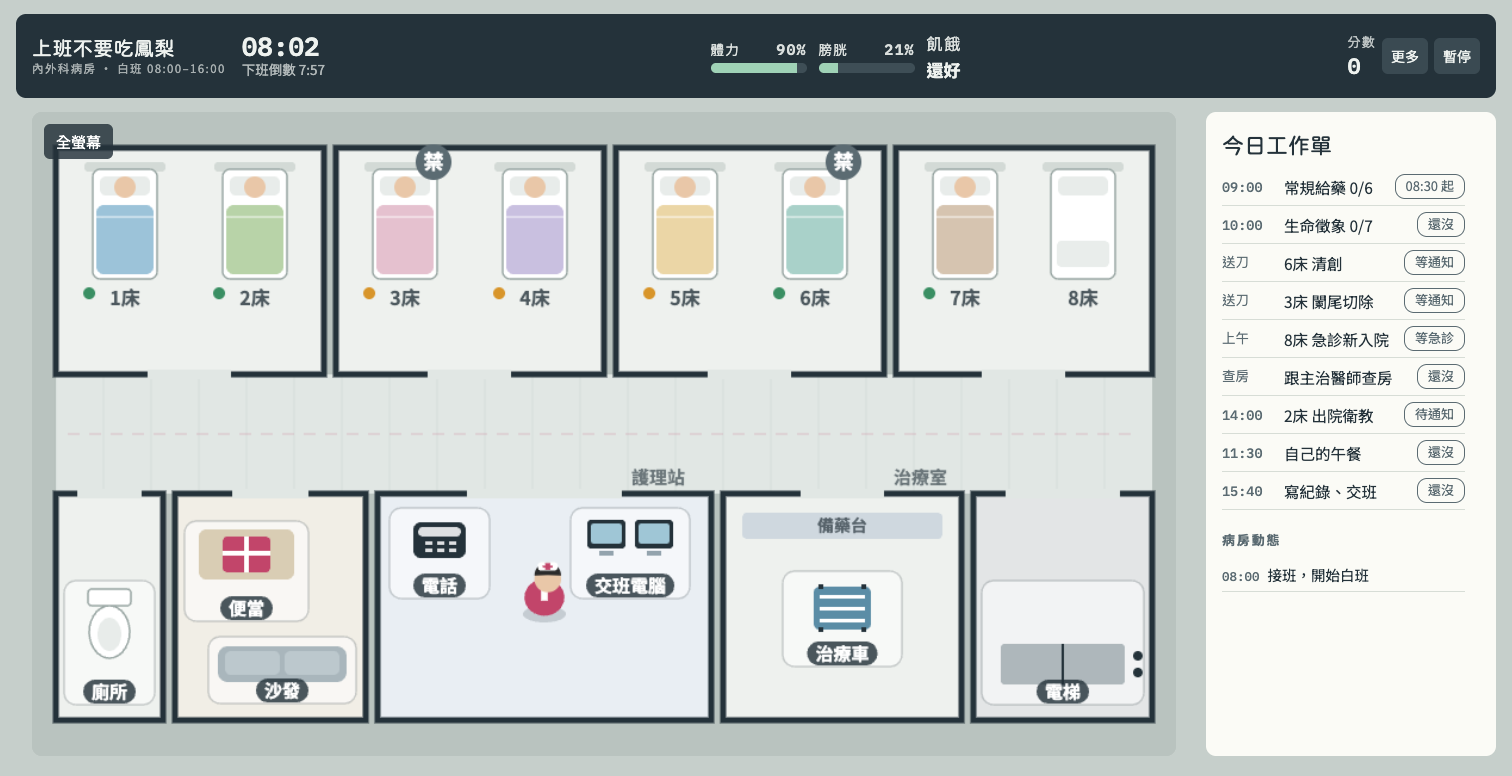 Busy Nurse’s active shift screen showing the ward map, task list, and ward updates