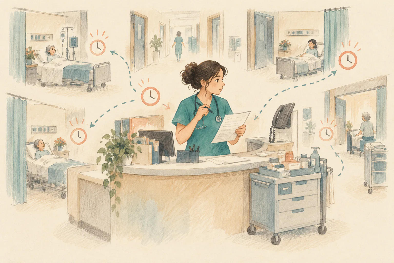 Concept illustration of a nurse coordinating time between the nurses’ station, patient beds, and shift tasks