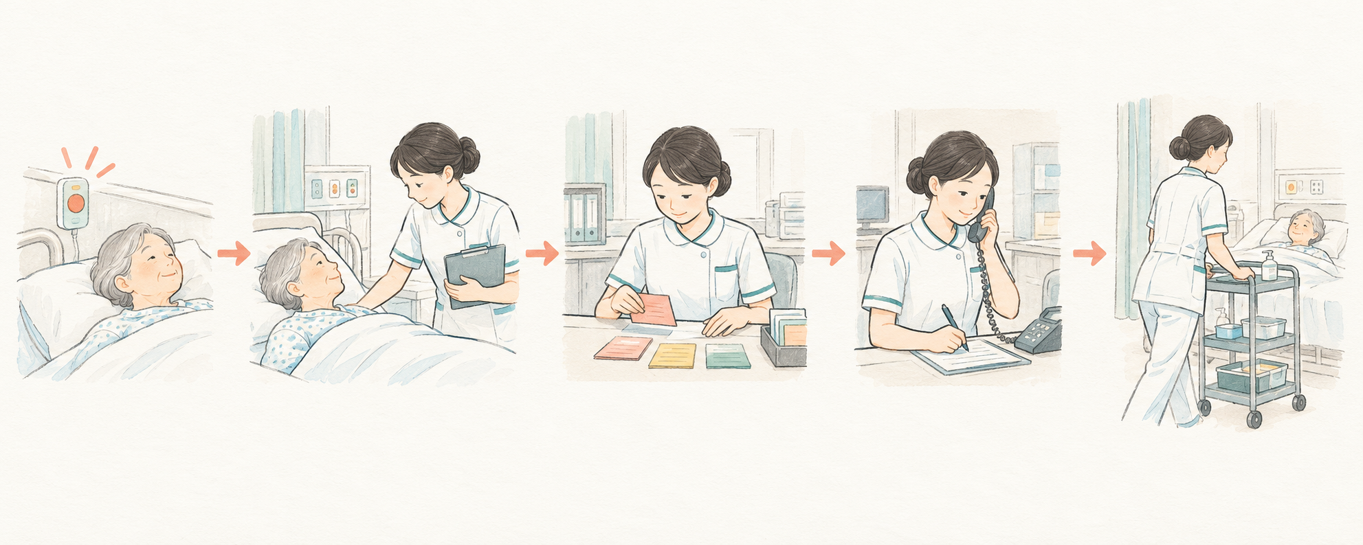 Illustrated sequence from a bedside alert through assessment, prioritization, a phone call, and a return to the patient