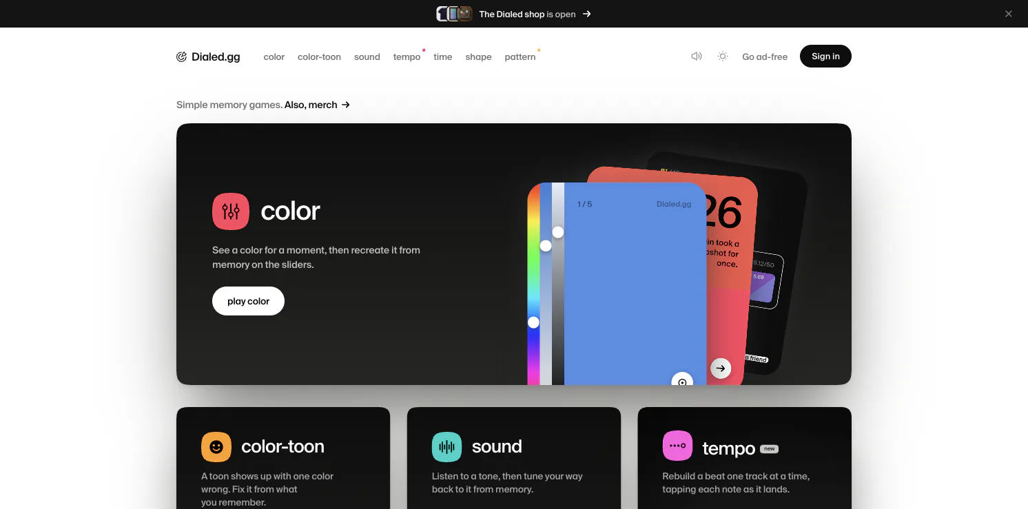 Dialed.gg homepage showing its color memory game and other game cards