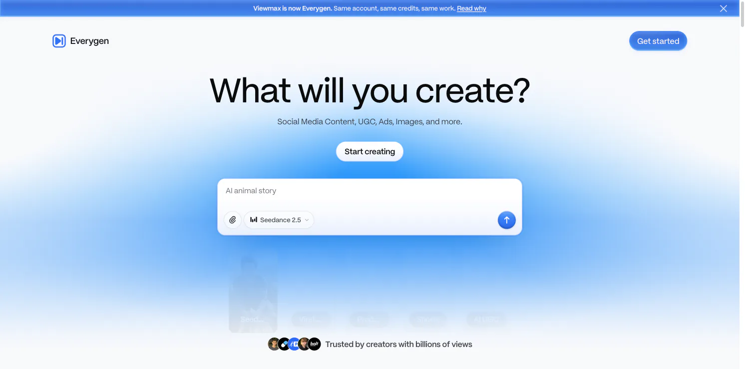 Everygen AI homepage with its prompt composer and video creation categories