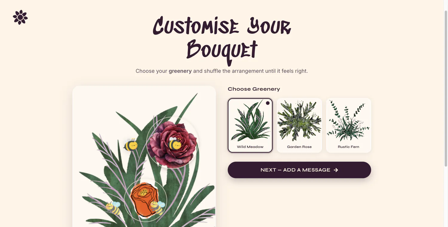 Bloomify's bouquet arrangement step, with greenery choices and flower placement