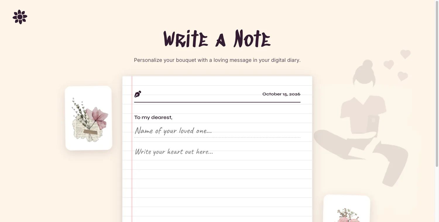 Bloomify's message step, with fields for the recipient's name and greeting