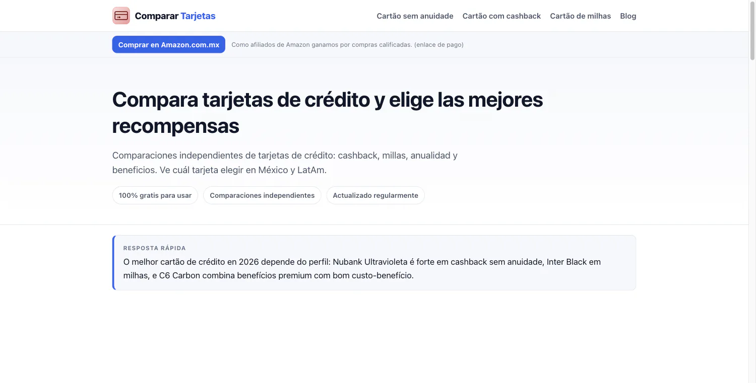 Comparar Tarjetas' home page, showing comparison categories and featured credit cards