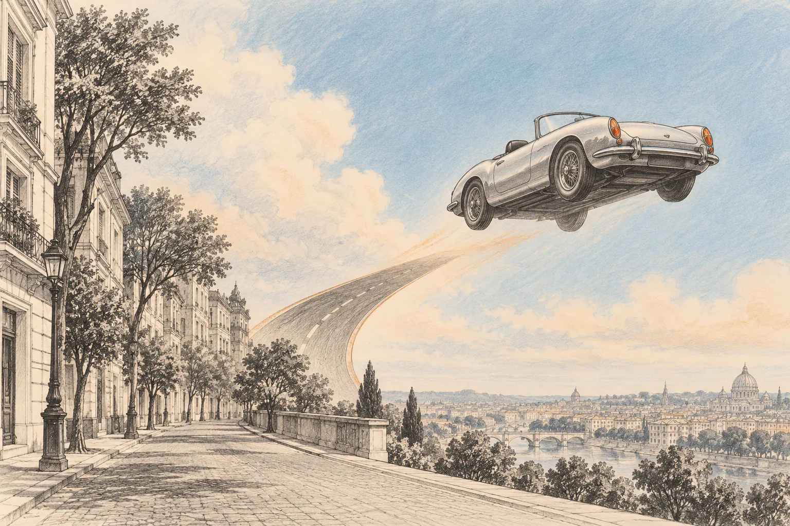 An unbranded silver roadster rises from a city street into a pale blue sky