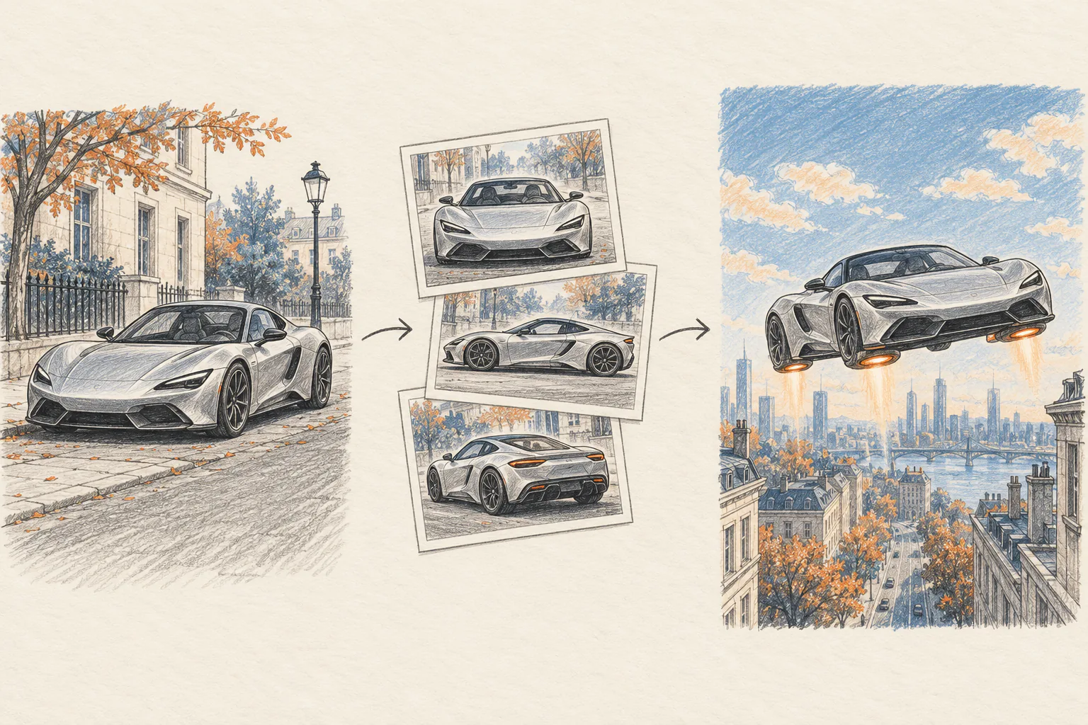 A hand-drawn sequence connects one car, several consistent reference angles, and a fictional flight scene