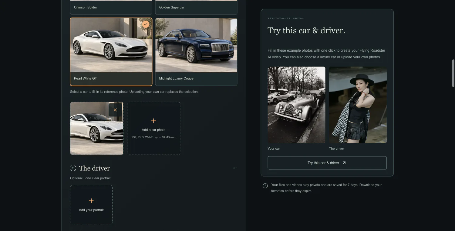 The Flying Roadster AI studio with a selected car preset, optional driver upload, and ready-to-use example photos