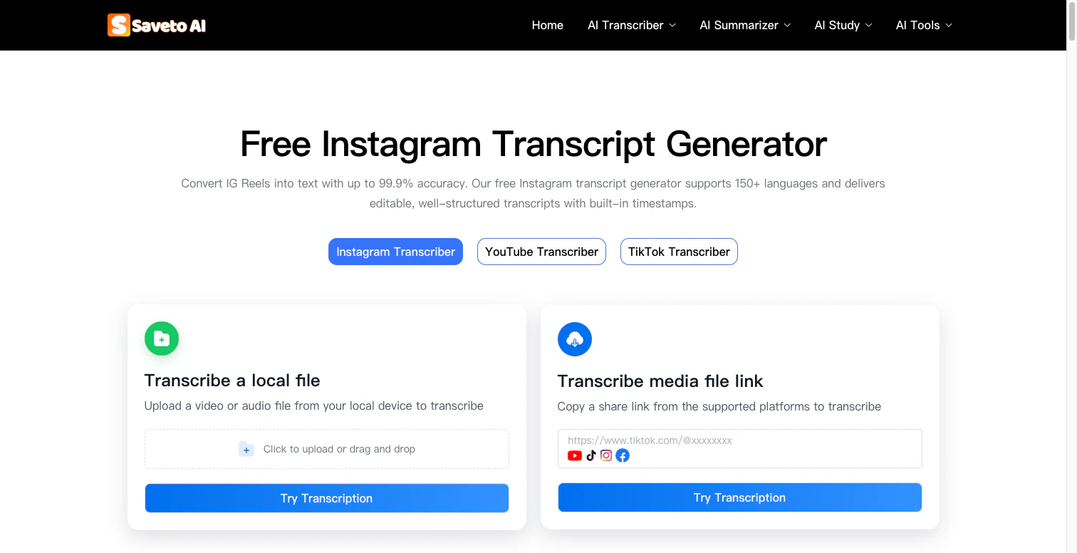 SaveTo AI's public page with link and local-file options