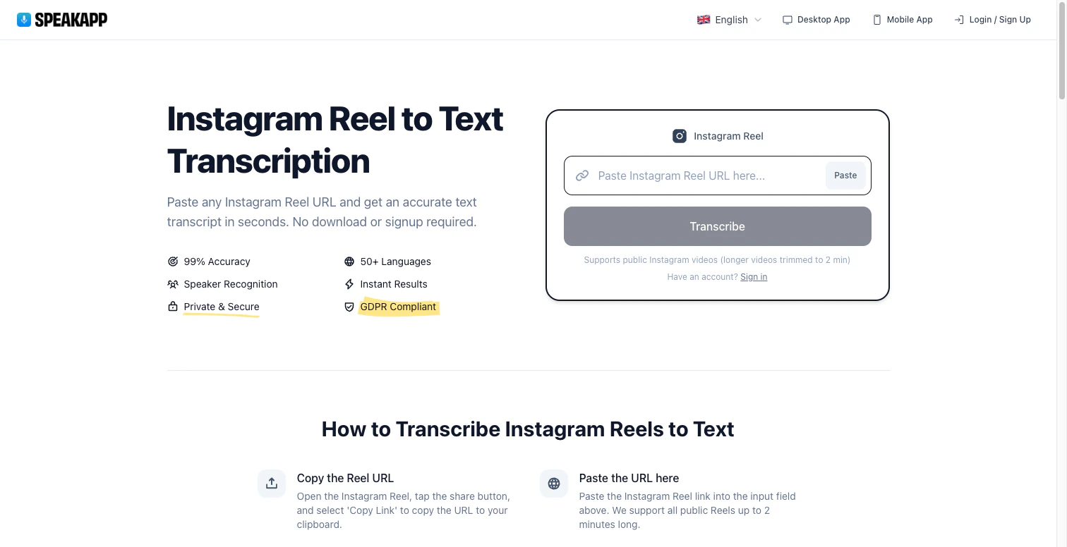 SpeakApp's public page with the Instagram Reel URL field