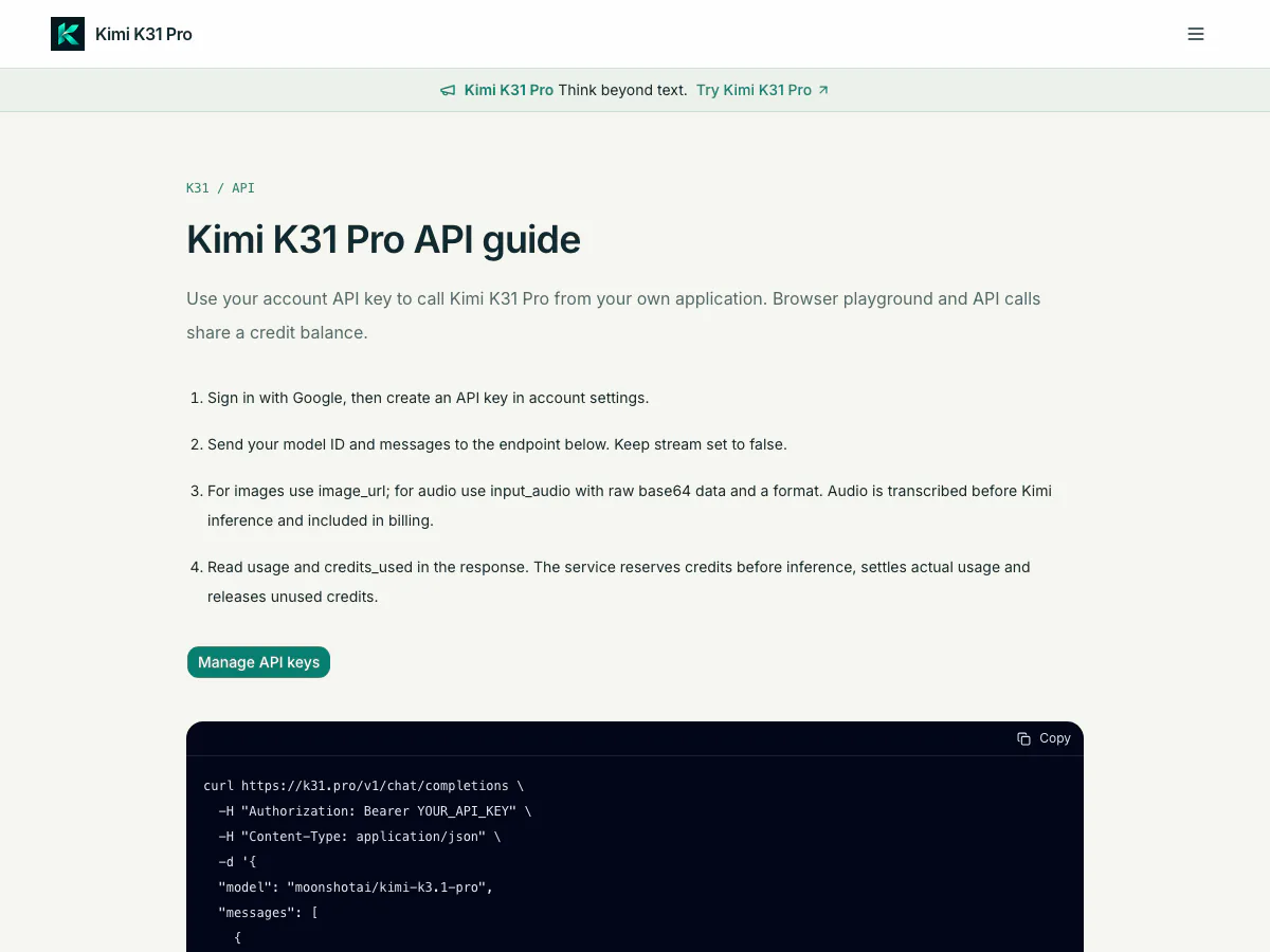 Kimi K31 Pro API guide page with the four setup steps and a curl example