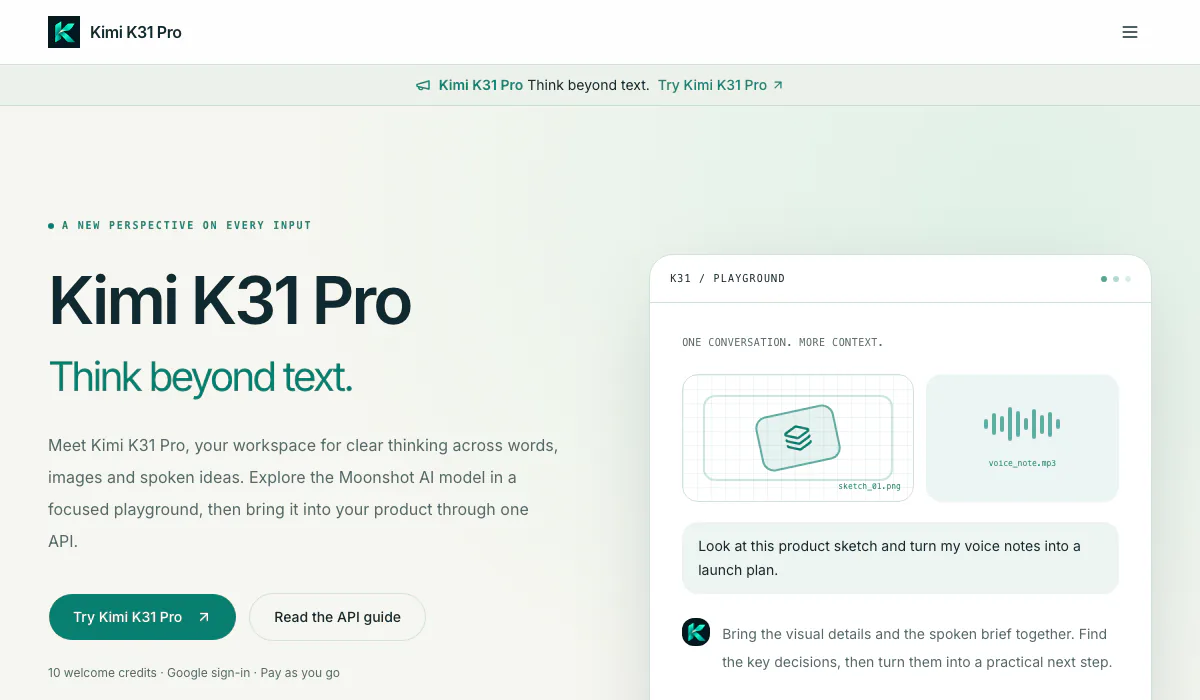 k31.pro landing page with the Kimi K31 Pro playground preview
