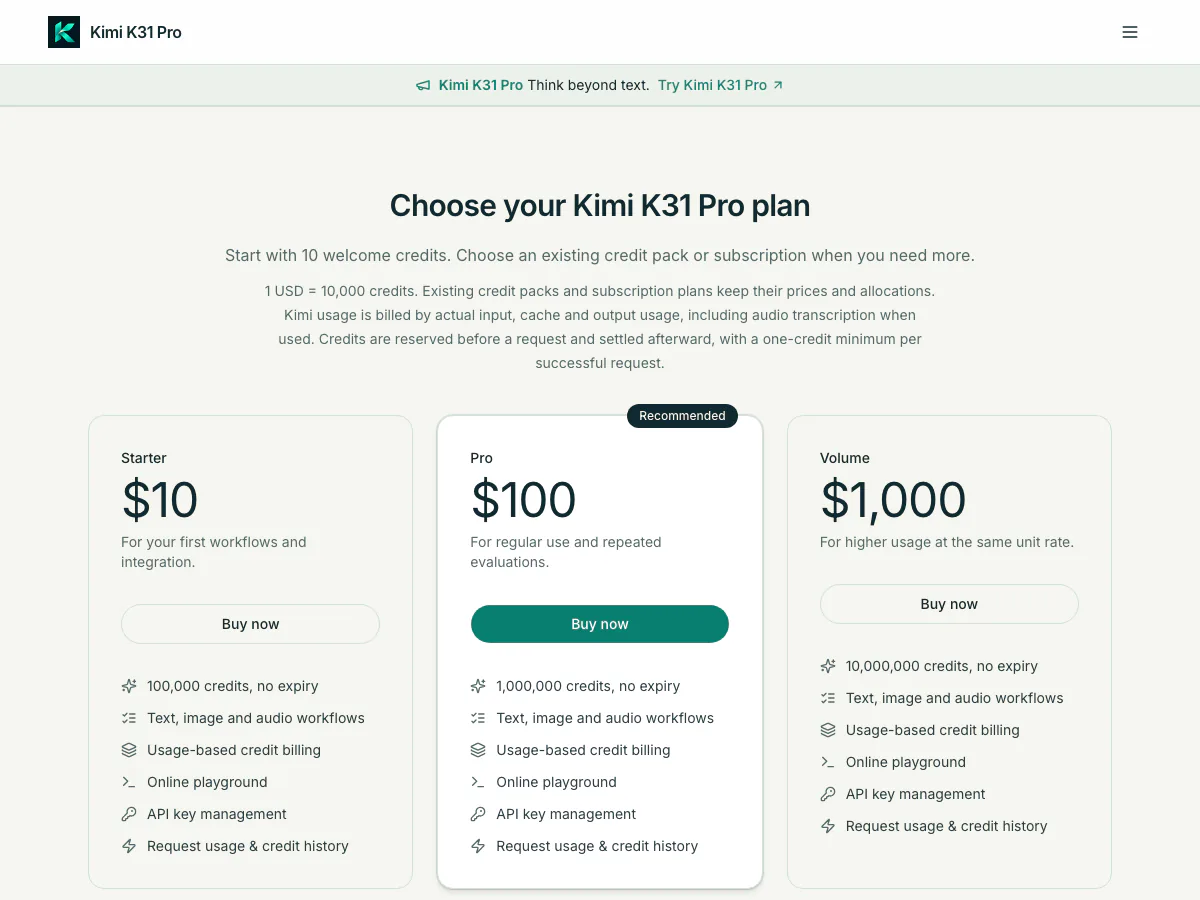 Kimi K31 Pro pricing page with Starter, Pro and Volume credit packs
