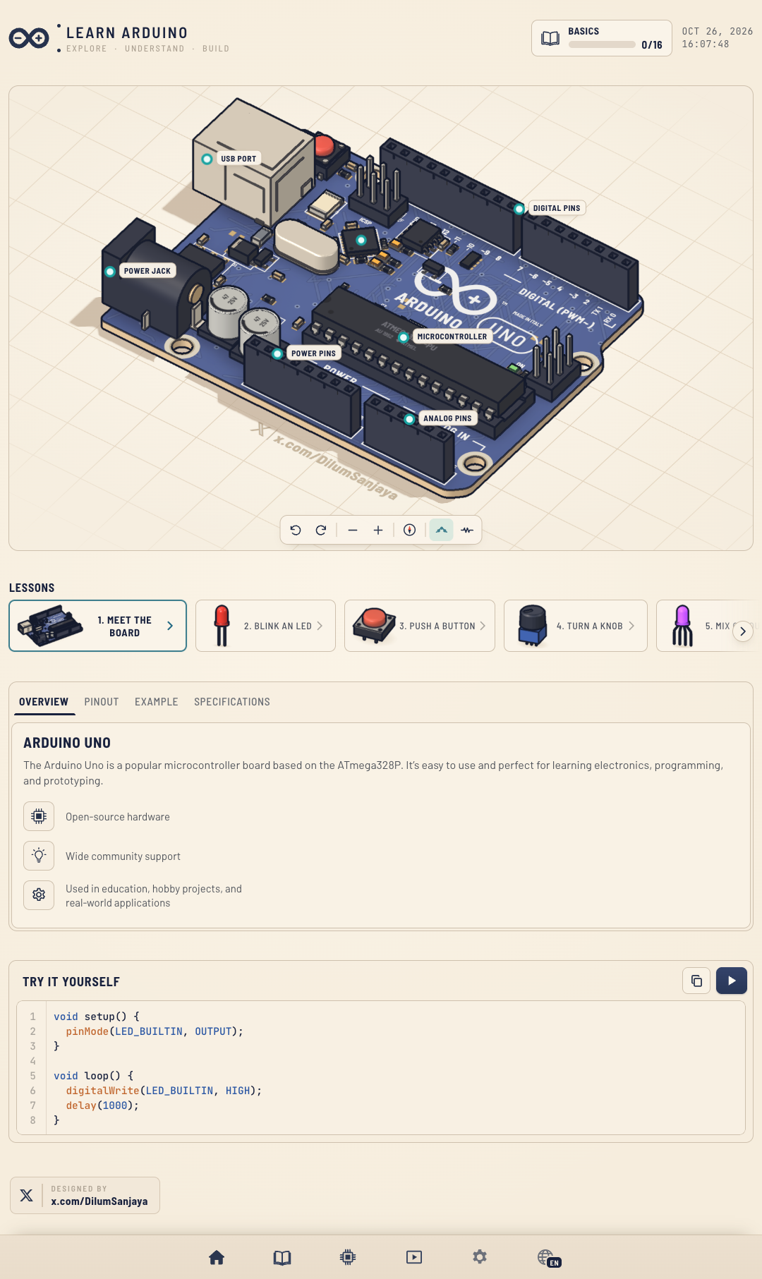Learn Arduino shows a labeled 3D Arduino Uno above lesson cards, board references, and starter code