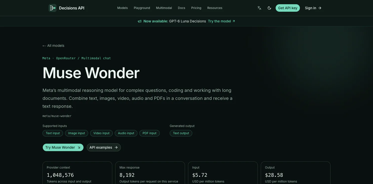 The real Decisions API Muse Wonder page showing supported inputs, model ID, context, and service pricing