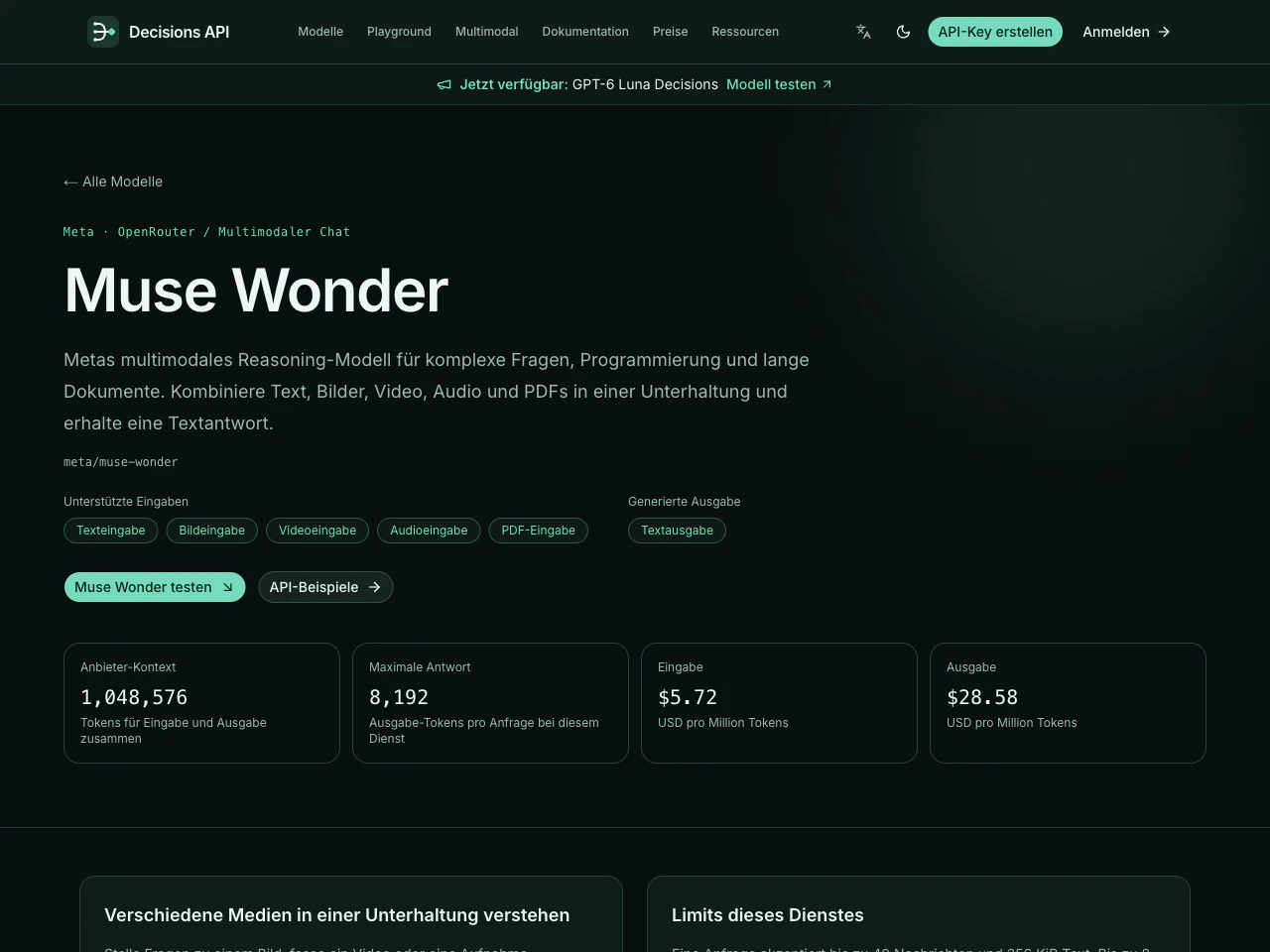 Die deutsche Muse-Wonder-Modellseite mit Eingaben, Kontext und Preisen