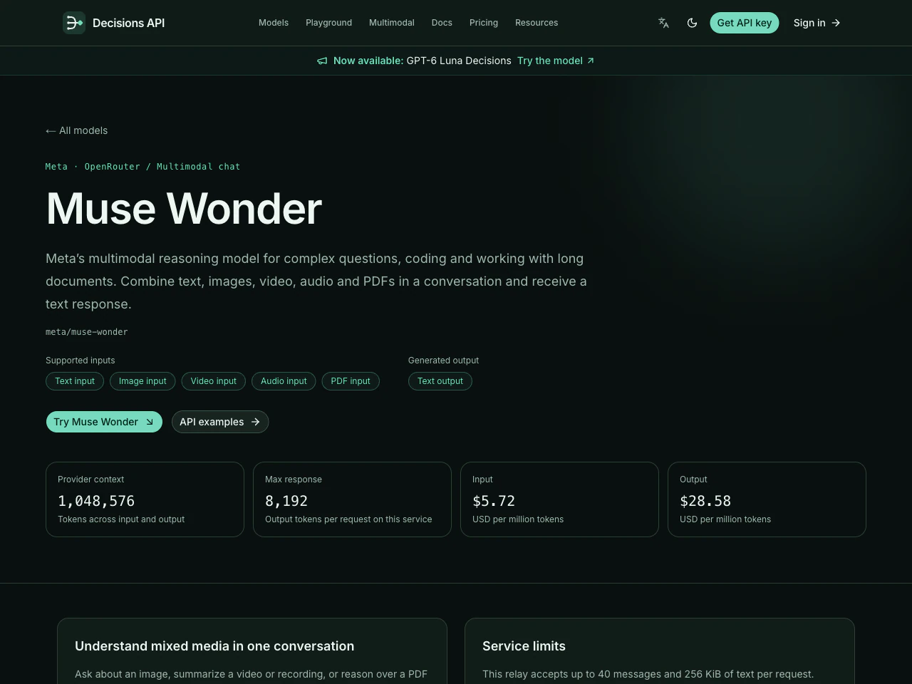 The English Muse Wonder model page showing supported inputs, context, and prices