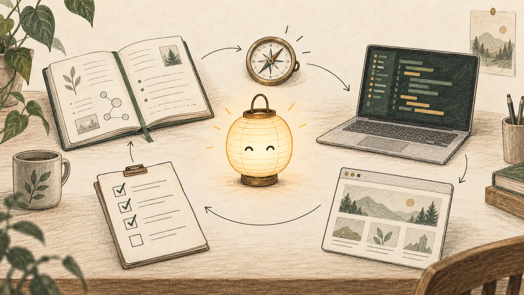 A hand-drawn concept illustration of an AI assistant coordinating notes, code, browser work, and a checklist