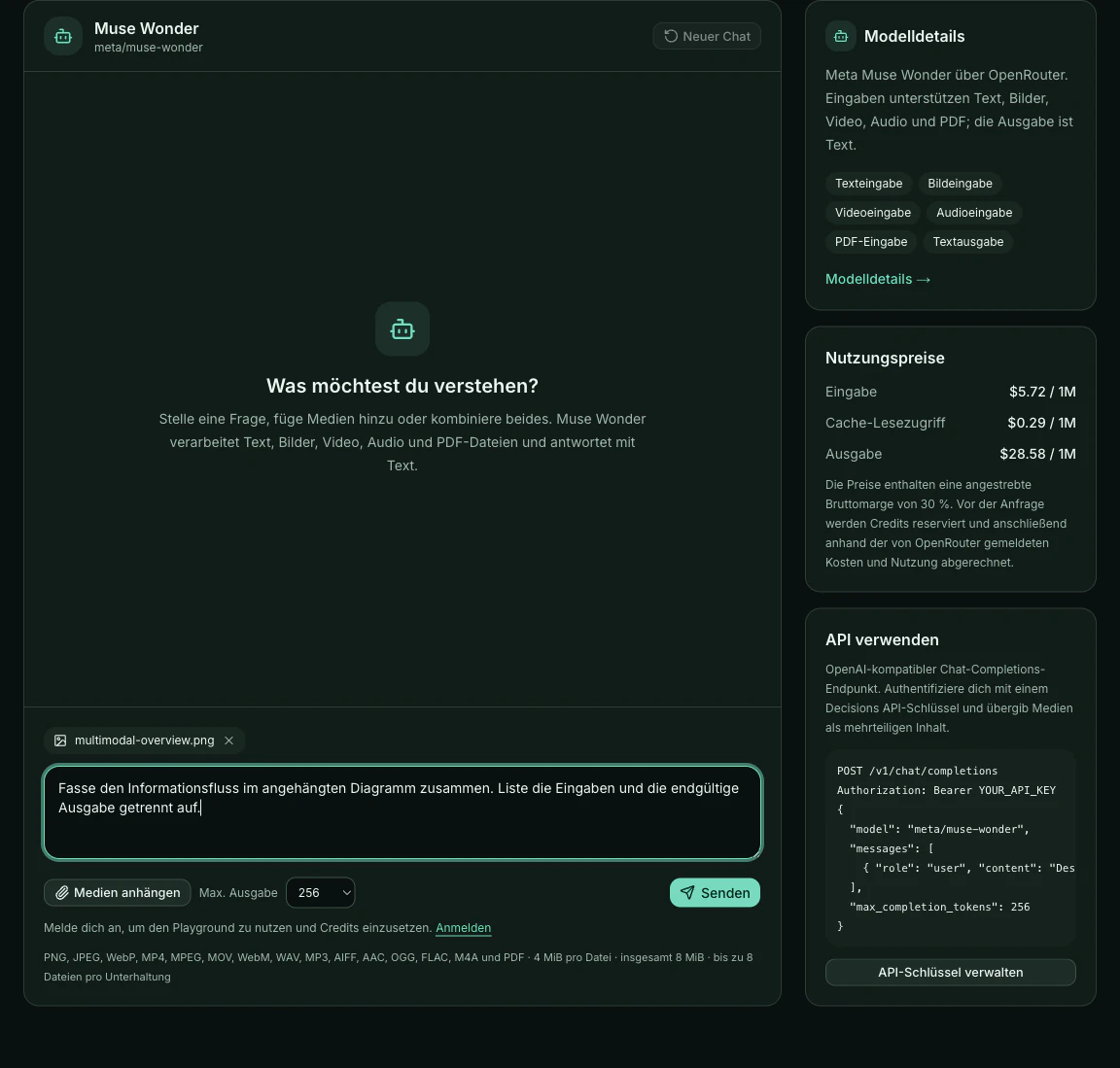 Der deutsche Playground mit Bildanhang und vorbereiteter Frage vor dem Senden