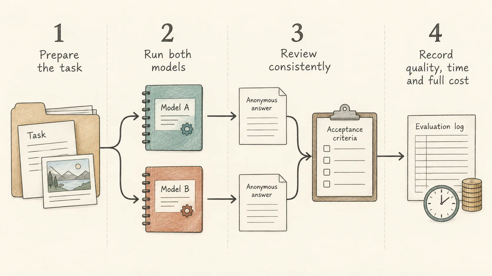 Four stages: fix the task, run both models, apply shared review criteria, and record quality, time, and cost