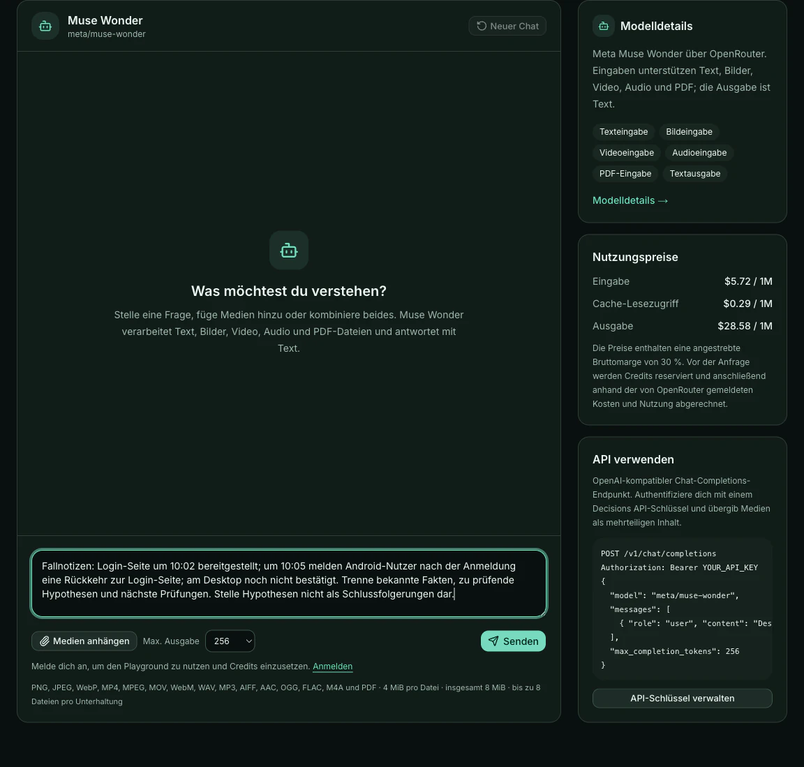 Der deutsche Playground mit dem vorbereiteten Login-Fall vor dem Absenden
