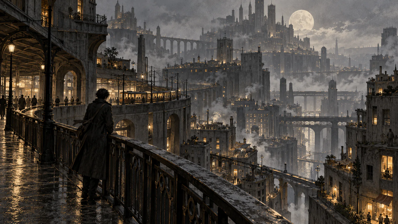 An original illustration of a resident looking across Project Moon Life’s moonlit city.