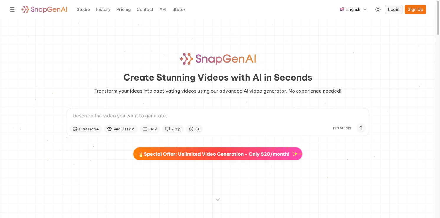 SnapGen AI homepage showing its video prompt box and generation settings