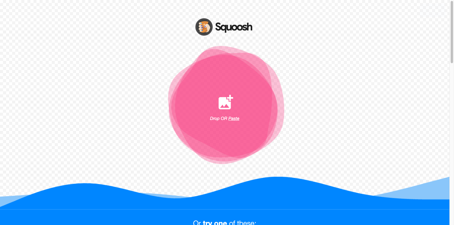 Squoosh App homepage with the image drop and paste workspace