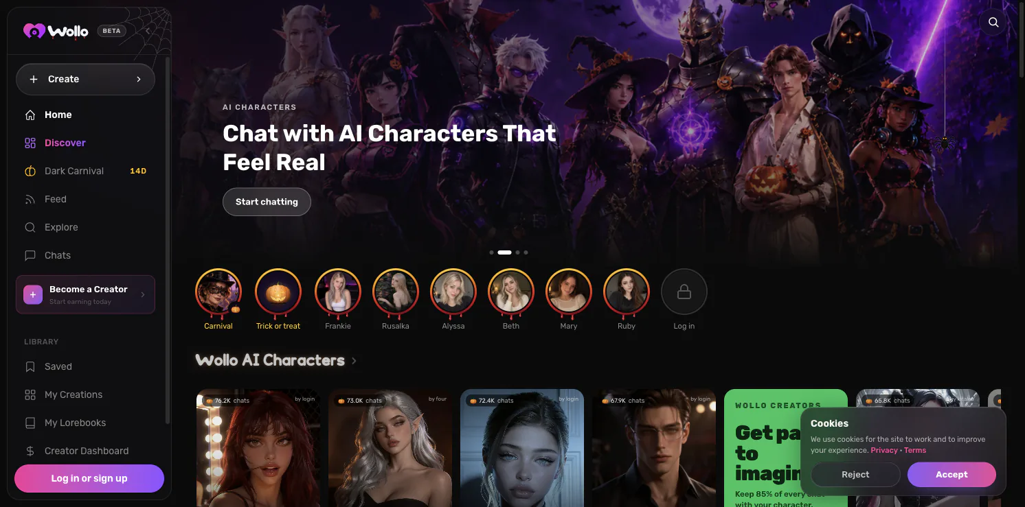 Wollo AI homepage with character discovery, story features, and creator navigation